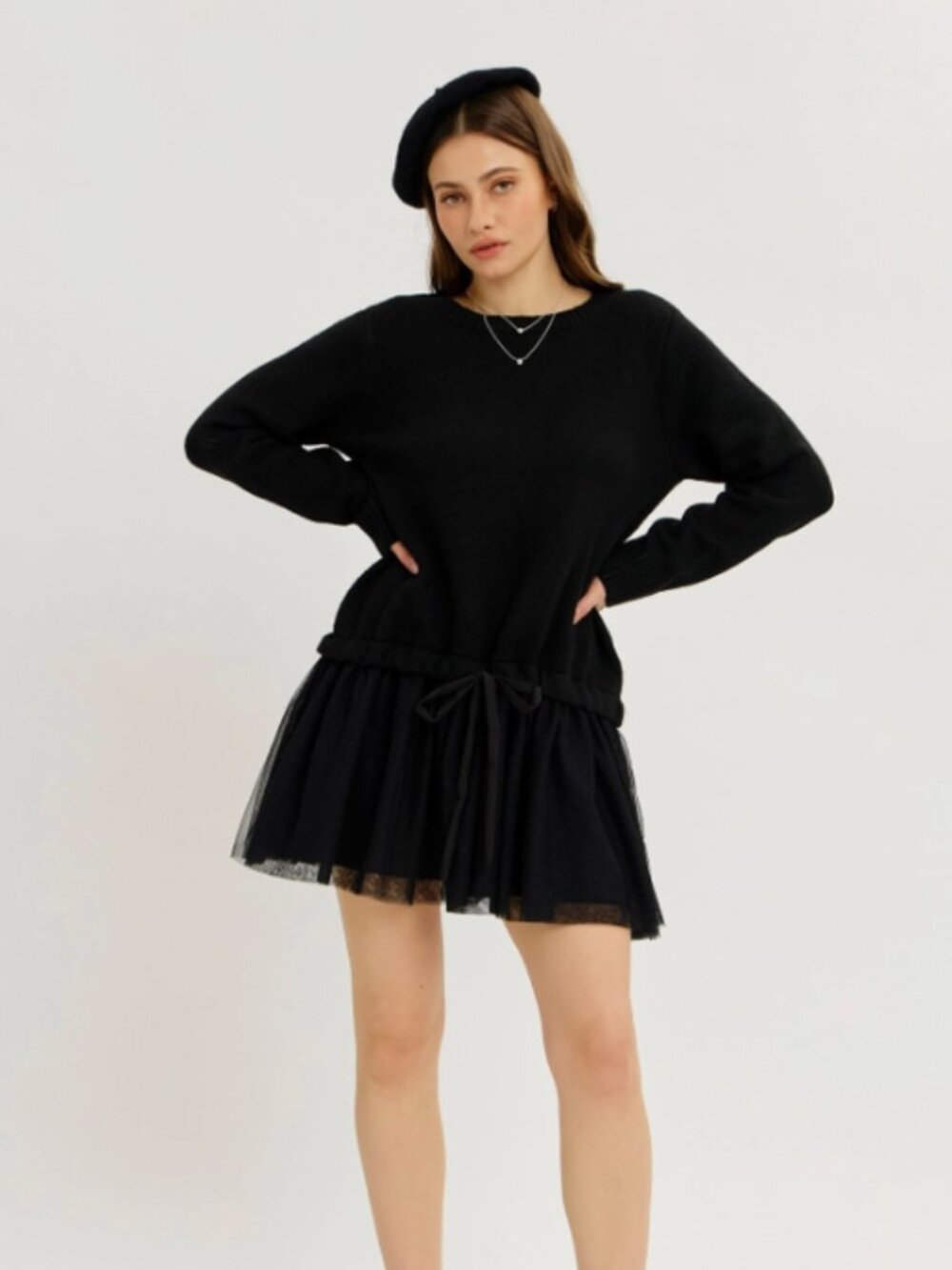 Black Sweater Tulle Skirt Drop Waist Mini Dress NWT #D108